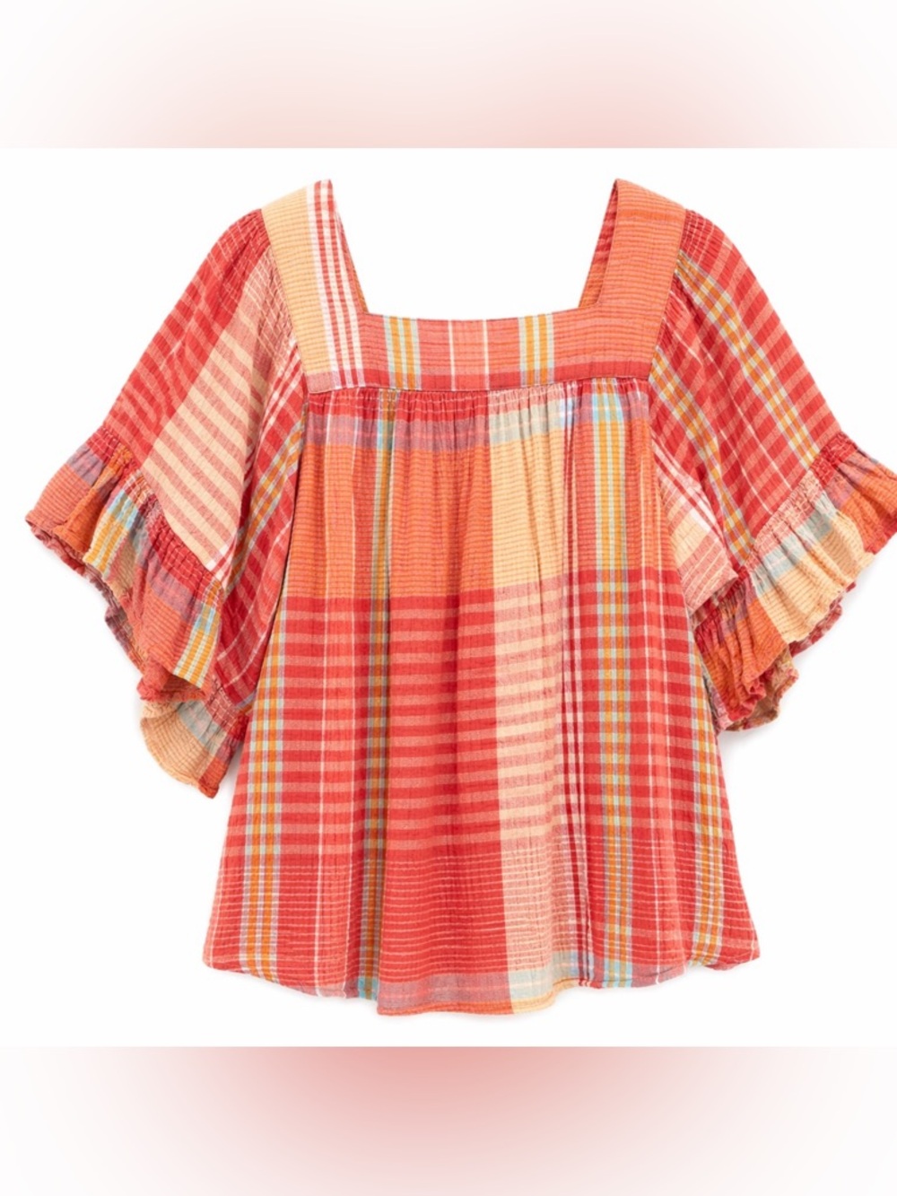 BeachLunchLounge Patchwork Madras Plaid Gauze Peasant Top Medium